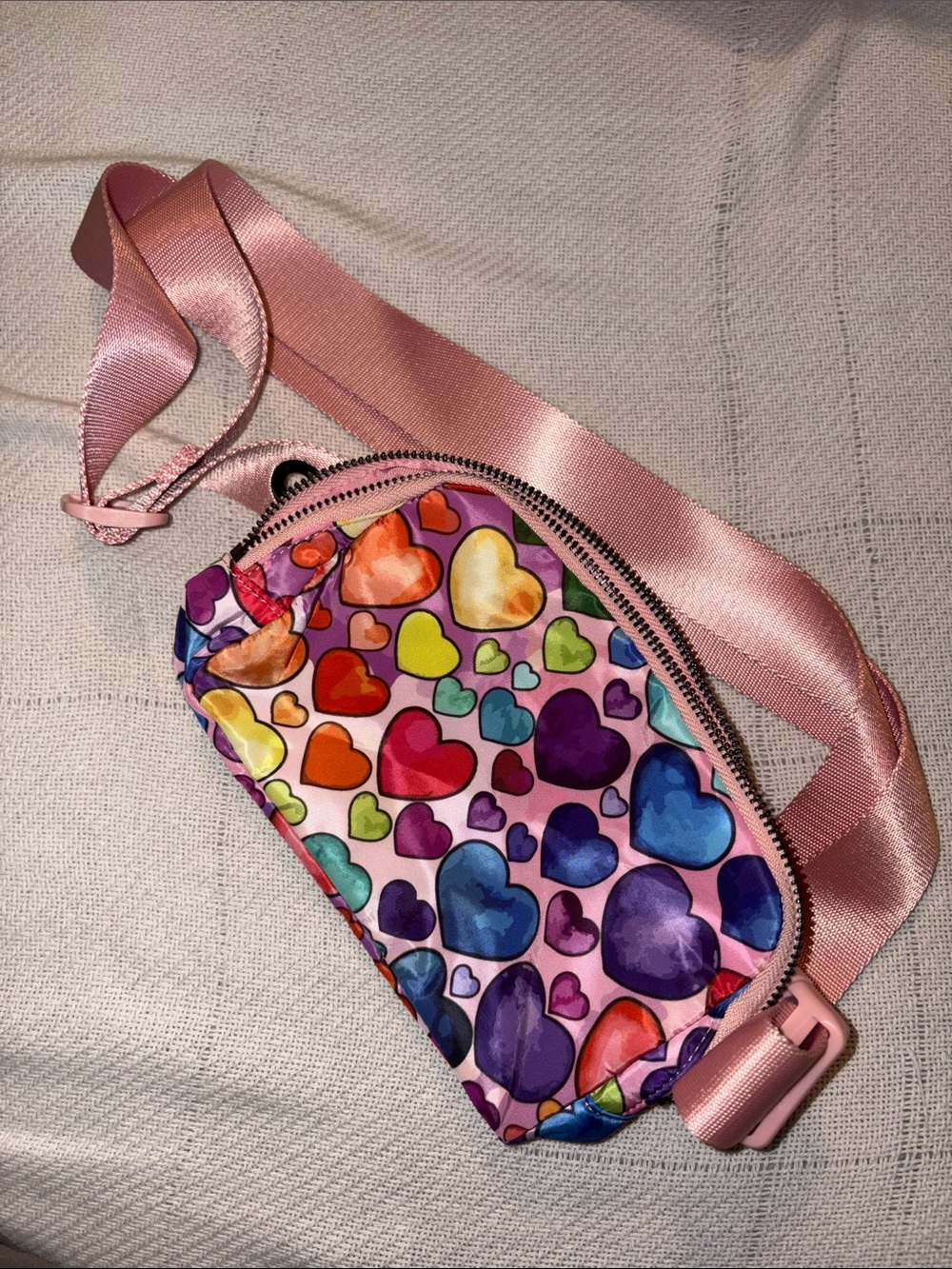 Multicolor Heart Print Crossbody Bag with Pink Strap
